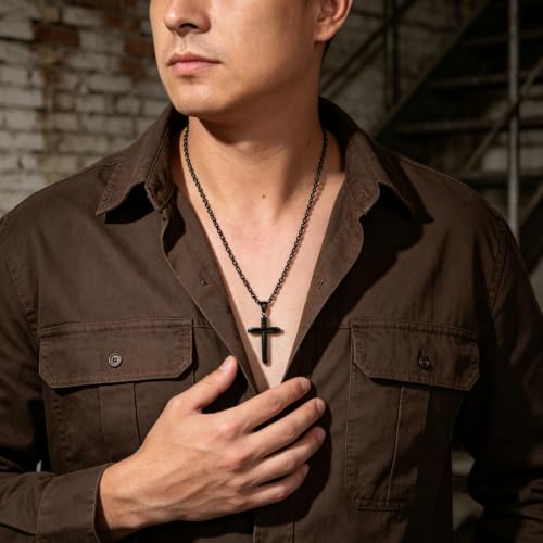 HZMAN Mens Polished Stainless Steel Silver Cross Pendant Necklace - color: Black