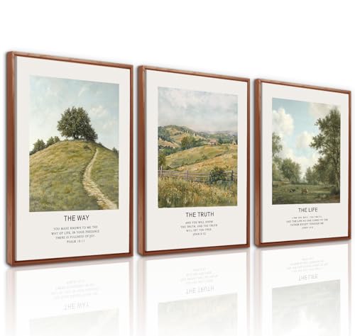 LHIUEM Vintage Christian Framed Canvas Wall Art Set of 3(12”X16”) The Way The Truth The Life Wall Decor,Bible Verse Artwork Scripture Wall Painting,Religious Art Prints for Living Room,Bedroom,Office - color: Christian 1