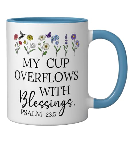 My Cup Overflows With Blessings Jesus Fills My Cup Christian Ceramic Mug, Blue/White - color: Blue/White, size: 11 Ounces