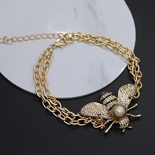 Honey Bee Brooches Crystal Insect Themed Bee Brooch Animal Fashion Shell Pearl Brooch Pin Gold Tone - color: Gold Pearl Chain
