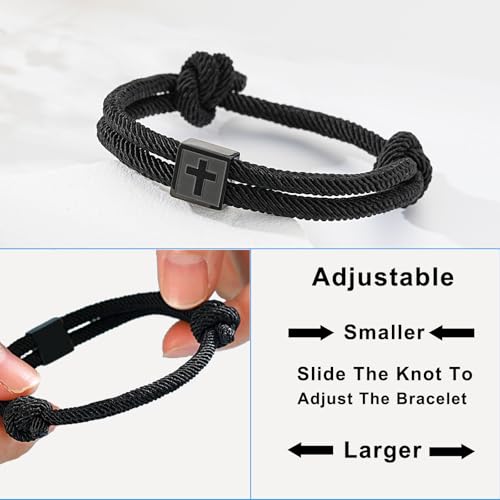 Christian Cross Bracelet for Boys Men- Adjustable Rope Bracelet Christian Religious Jewelry Gifts Ideas for Teen Boys Kids - color: Black-Isaiah 41:10