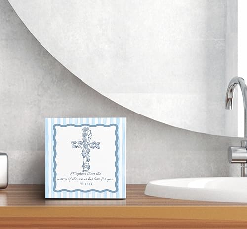 SRADMO Coastal Beach Seashell Cross Christian Wood Box Sign Desk Decor, Psalm 93:4 Bible Verse Religious Ocean Theme Wooden Block Box Sign Decoration for Church Home Office Shelf Table Decor