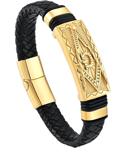 YL Cross Masonic Leather Mens Bracelet, 18K Gold/Black Rhodium Plated Christian Religious 316L Stainless Steel Brown Cuff Handcrafted Jewelry Gifts - color: Masonic A-Gold, size: 8.7"(220mm)