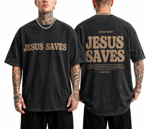 Christian Shirts for Men Jesus Oversized Vintage Workout Gym Graphic Top - color: Black-7(jesus Saves), size: Large