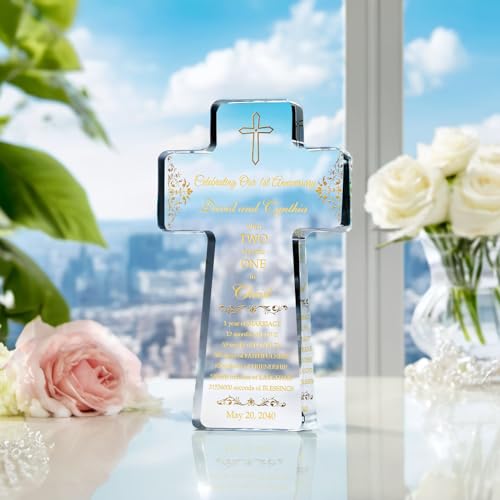 Personalized Christian Gift for 1st Wedding Anniversary, Crystal Standing Cross Customized with Couple names and Religious Anniversary Wishes in Traditional 1st Anniversary Colors (M - 9")