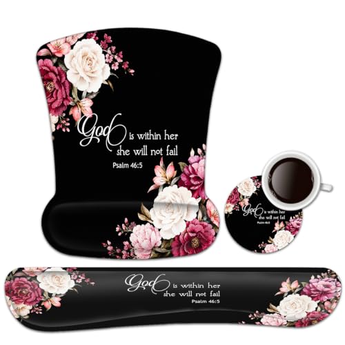 Keyboard Wrist Rest Pad and Ergonomic Mouse Pad Wrist Support Set Psalm 46:5 God is Within Her, She Will Not Fall Peony Flower for Gaming, Office, Comfortable and Pain Relief with Coaster Set - color: Fd-wristrest-2-6