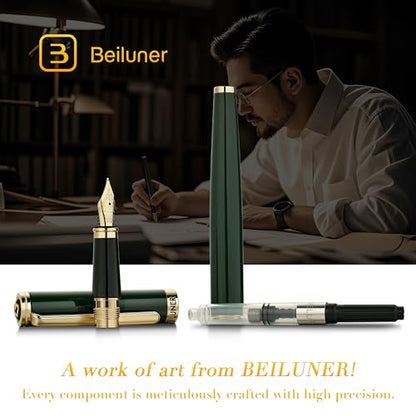BEILUNER Racing Green Fountain Pen,Stunning Luxury Pens with 24K Gold Finish, Gorgeous 24K Gilded Nib(Medium), Fancy Pen Gift for Men&Women -Ink Converter-Christmas, Office,Fancy,Nice Pen for Writing - color: Green and Gold Finish, style: Medium Nib
