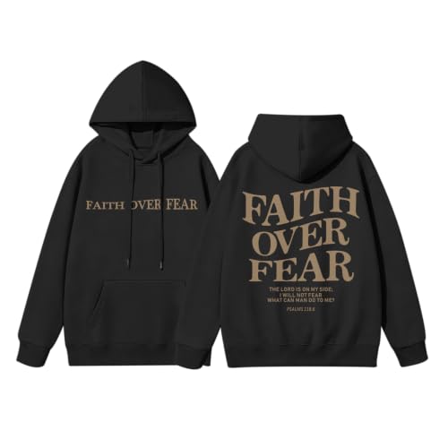 Fkatuzi Christian Faith Over Fear Hoodies For Teen Jesus Hoodie God Sweatshirt Bible Verse Religious Graphic Tops - color: Black, size: Medium