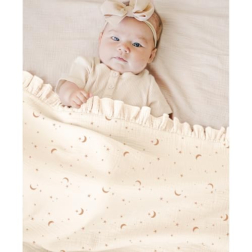 Konssy 100% Cotton Muslin Baby Blanket with Ruffle Trim for Girls, 43"x39" - color: Moon