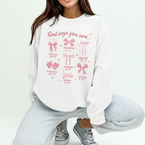 Christian Bow Sweatshirt for Women God Jesus Bible Verse Sweatshirts Cute Bow Graphic Coquette Long Sleeve Shirts - color: White, size: Small