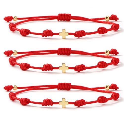 7 Knots Protection Good Luck Red String Rope Gold Cross Bracelet for Women Men, 3Pcs stack Evil Eye Handmade Amulet Adjustable Jewelry, God Christ Pray Friendship Gift - color: Red Cross