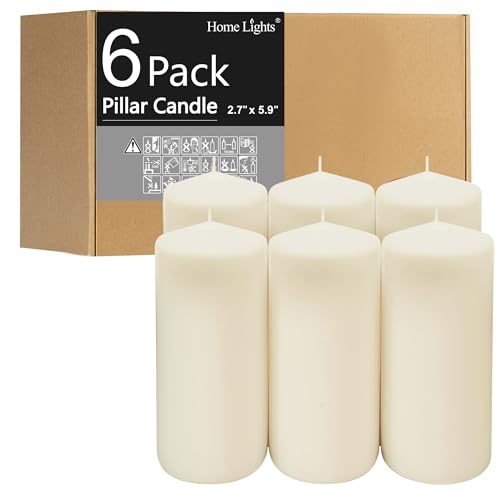 HomeLights Pillar Candles - 2.7x6 inch | 60 Hours Burning, 6 Count - White Unscented Smokeless European Pillar Candles - Perfect for Wedding, Parties, Spas, Home Gatherings and Dinner - size: 27X59P
