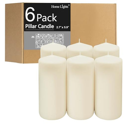 HomeLights Pillar Candles - 2.7x6 inch | 60 Hours Burning, 6 Count - White Unscented Smokeless European Pillar Candles - Perfect for Wedding, Parties, Spas, Home Gatherings and Dinner - size: 27X59P