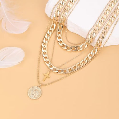 Gold Layered Necklaces for Women Chunky Choker Link Chain Trendy Retro Coin 14K Pendant Necklace Handmade Dainty Layering Poppy Lotus Rose Birth Flower Necklaces Gift