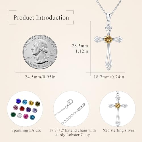 Cross Necklace for Women,925 Sterling Silver Faith Jewerly Gift - color: 11-November-Citrine