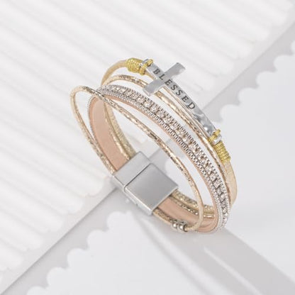 Christian Cross Leather Bracelets Boho Western Blessing Religious Jewelry - color: Champagne