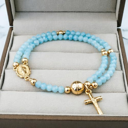 Cross Rosary Bracelet for Women Handcrafted Crystal Virgin Mary Cross Beaded Bracelets Christian Faith Link Bracelets Crucifix Religious Christian Faith Jewelry - color: Blue