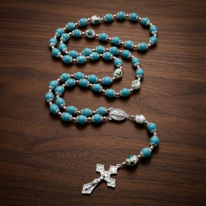 Nazareth Store Catholic Turquoise Marble Beads Rosary Flowers Beaded Necklace Miraculous Medal Cross Crucifix Silver Tone Rosaries in Velvet Bag