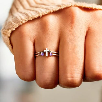S925 Sterling Silver Cross Rings Birthstone Rings Christian Jewelry for Women Daughter, Easter Gifts, Confirmation and Baptism Gifts - color: 2-Feb