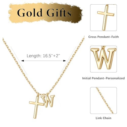 Cross Initial Necklace for Women, 14K Gold Plated Dainty Cross & Letter(A-Z) Pendant Necklace, Personalized Monogram Letter Christian Jewelry,Baptism First Communion Confirmation Easter Gift - color: W