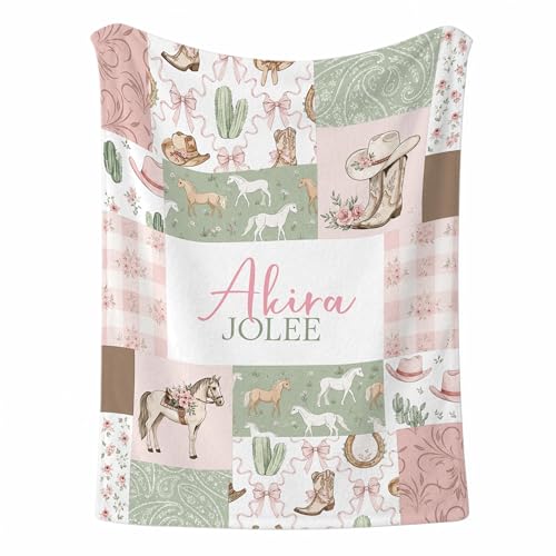 Personalized Western Baby Blanket Girl, Pink Bow Western Boots Pattern, Custom Name Toddler Kids Throw Blanket, Girly Ranch Nursery Decor, Baby Girl Gift - color: Western Baby Blanket Girl