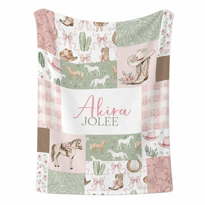 Personalized Western Baby Blanket Girl, Pink Bow Western Boots Pattern, Custom Name Toddler Kids Throw Blanket, Girly Ranch Nursery Decor, Baby Girl Gift - color: Western Baby Blanket Girl