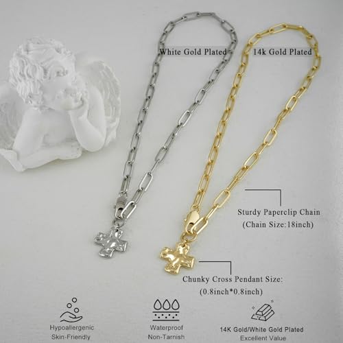 Chunky Cross Necklace for Women, 14K Gold Silver Pendant Necklace - color: White Gold-Lobster Clasp-0.8 inch pendant