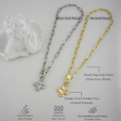 Chunky Cross Necklace for Women, 14K Gold Silver Pendant Necklace - color: White Gold-Lobster Clasp-0.8 inch pendant