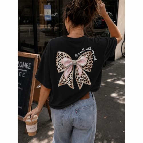 Leopard Bow Shirt Cheetah Bow Shirt Christian Shirts for Women Faith Bible Verse Shirts God Coquette Graphic Tees - color: Black, size: XX-Large