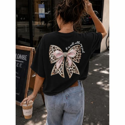 Leopard Bow Shirt Cheetah Bow Shirt Christian Shirts for Women Faith Bible Verse Shirts God Coquette Graphic Tees - color: Black, size: XX-Large