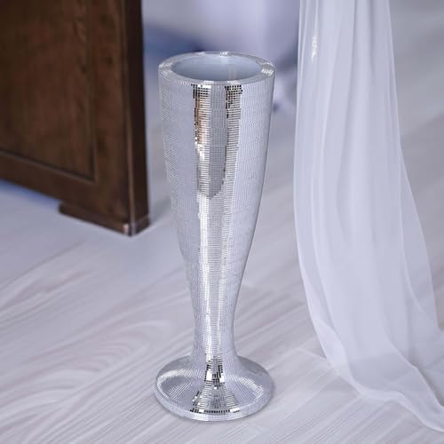 Efavormart Silver Polystone Mirror Mosaic Pedestal Trumpet Floor Vase 32" Tall - color: Clear, size: 3FT