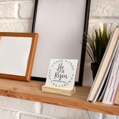 Easter Christian Desk Decor, Christian Bible Verse Easter Wood Plaque, Christian Religious Quotes He is Risen Matthew 28:6 Wooden Plaque Sign with Wood Stand for Home Office Decor - color: risen sign, size: 4x4 inches