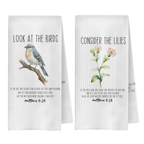 Christian Bird Floral Kitchen Towels, Christian Gifts for Women Dish Tea Towels, Matthew 6:26-28 Bible Verse Decorative Hand Towel for Kitchen Bathroom, 16x24 Inch Set of 2 - color: Christian Bird-2
