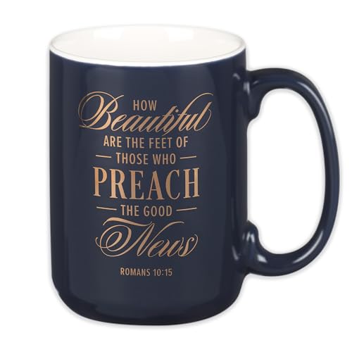 Christian Art Gifts Large Matted Ceramic Coffee & Tea Mug for Pastors: Preach the Good News Golden Inspirational Scripture, Lead & Cadmium-free Sturdy Novelty Mens Drinkware, Navy Blue & White, 14 oz. - color: Navy Blue/Pastor