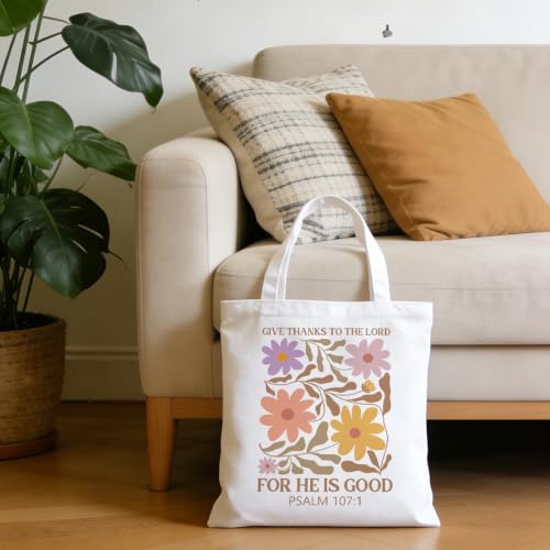 Christian Tote Bag Religious Gifts Canvas Bags for Women Men Shopping Work Gym Picnic Travel - color: Give Thanks to the Lord for He is Good Psalm 107:1