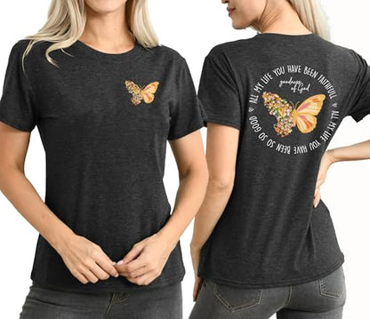 Christian Shirt for Women :Butterfly Graphic Shirts Bible Verse Tshirt Good Ness of God Tee Tops - color: Grey, size: Medium