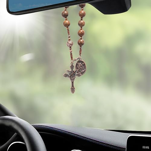 Nazareth Store Wood Beads One Decade Rosary Handmade Pocket Car Mirror with Saint Medal and Jesus Cross in Antique Bronze Wooden Travel Friendly Rosary - style: St. michael medal & cross