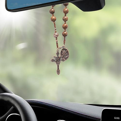 Nazareth Store Wood Beads One Decade Rosary Handmade Pocket Car Mirror with Saint Medal and Jesus Cross in Antique Bronze Wooden Travel Friendly Rosary - style: St. michael medal & cross