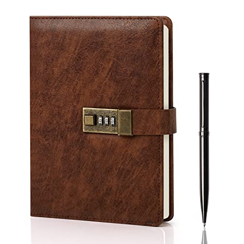 WEMATE Diary with Lock, A5 PU Leather Journal with Lock 240 Pages Brown - color: Brown