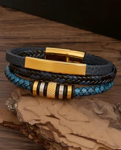 Kim Carrey Italian Handmade Leather Bracelets for Men - color: Braided Gold Blue, size: 8.2"