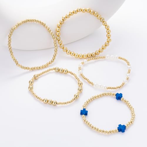 Gold Beaded Pearl Cross Bracelets Stackable Christian Stretch Jewelry Set - color: Royal Blue