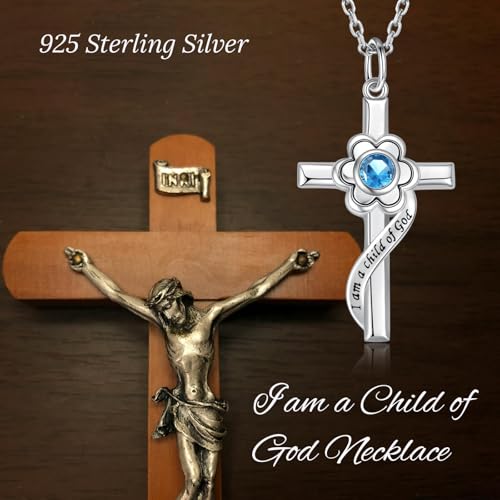 I am a Child of God Necklace - 925 Sterling Silver Birthstone Flower Cross Pendant Religious Jewelry Baptism First Communion Confirmation Gifts for Girls - style: Mar.