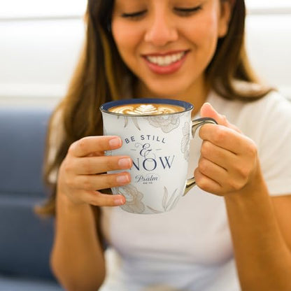 Christian Art Gifts Novelty Large Ceramic Scripture Coffee Mug for Women - color: White & Navy Blue/Be Still