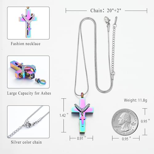 Cremation Jewelry for Ashes Pendant - Cross Urn Necklace with Mini Keepsake Urn Memorial Ash Jewelry - color: Colorful