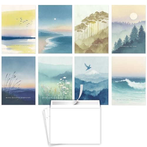 Hat Acrobat 24 Sympathy Cards with Envelopes - 8 Unique Watercolor Landscape Designs (3 of Each) - Condolence Bereavement Cards Bulk with Heartfelt Messages Inside - color: Watercolor Landscape