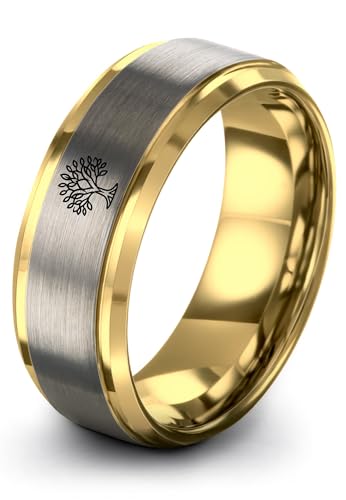 Gift for Spiritual Person - Tree Of Life Ring - Anniversary Wedding - Silver Yellow Rose Gold Gunmetal - Flat Dome Bevel - Personalized Custom Engraving - Band - Brushed Polished - 8mm - Men Women - T - color: 09 - Yellow Gold Grey Tungsten