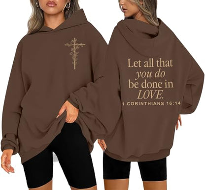 Christian Hoodies Women Jesus Hoodie Embroidered Faith Cross Sweatshirt - color: Brown, size: Large
