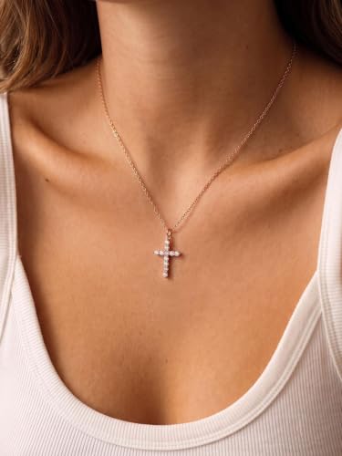 U7 Cross Necklace for Women,CZ Cross Pendant Necklace 18"+2" - color: Rose Gold