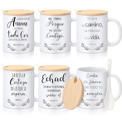 Maxdot 6 Sets Christian Gifts for Women Men Christian Mugs Bulk 12oz Coffee Mug with Lid Handle Spoon Religious Inspirational Scripture Ceramic Cup for Sunday School Vbs Grandparents(Spanish) - style: Spanish