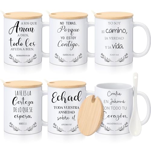 Maxdot 6 Sets Christian Gifts for Women Men Christian Mugs Bulk 12oz Coffee Mug with Lid Handle Spoon Religious Inspirational Scripture Ceramic Cup for Sunday School Vbs Grandparents(Spanish) - style: Spanish